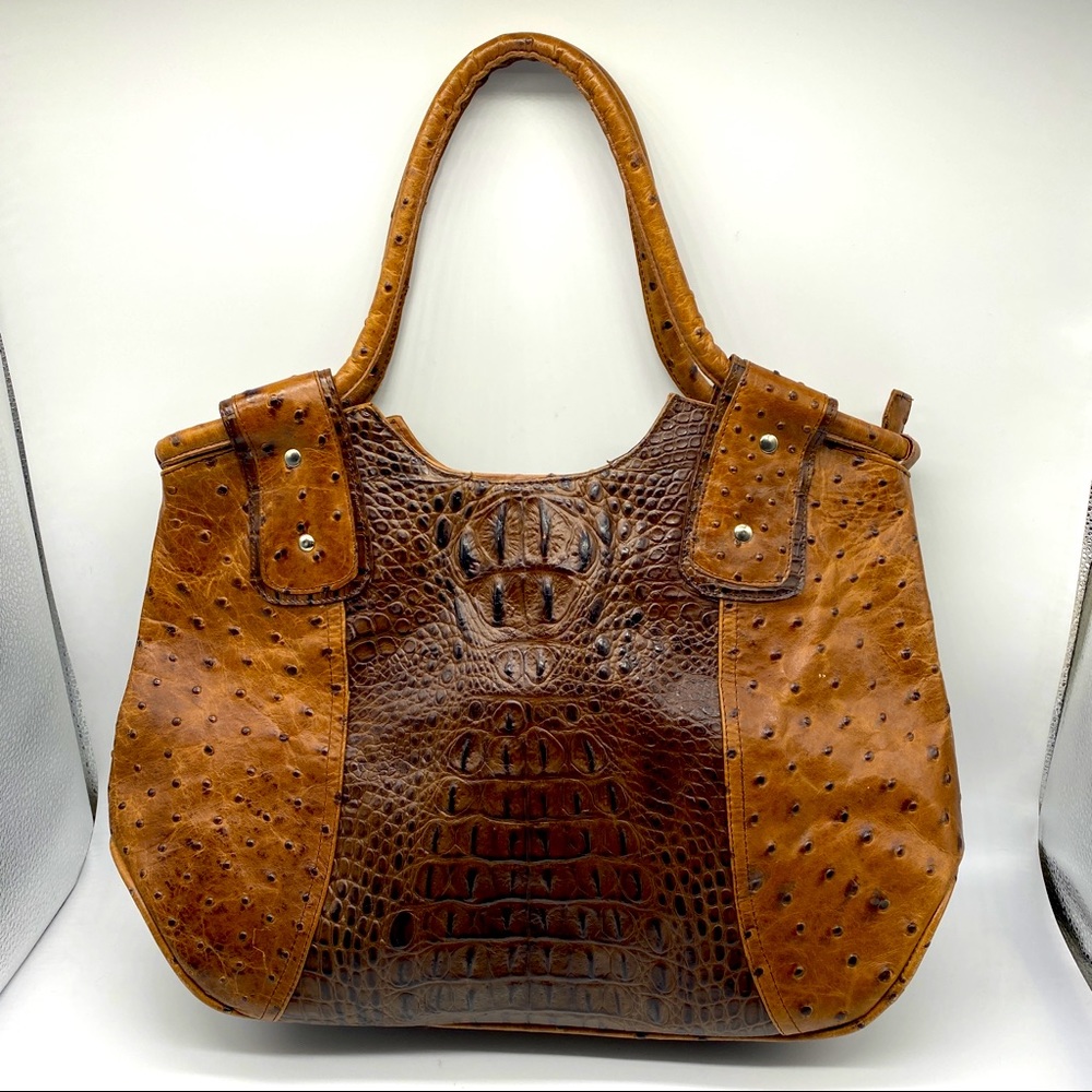 VEARI Alligator Ostrich Leather Purse Brown Tan